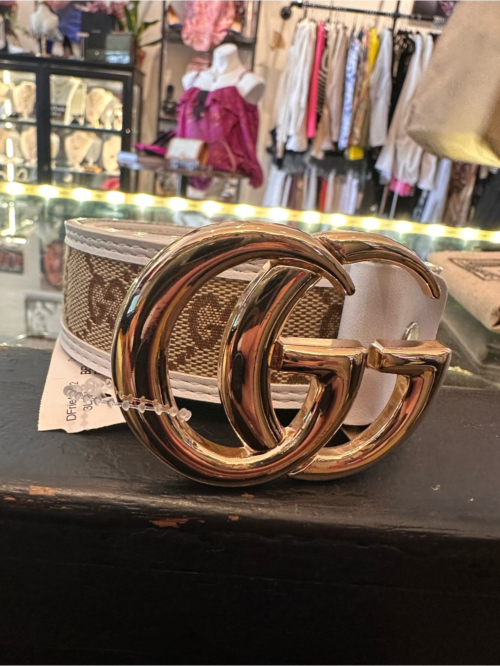 Gucci Beige Monogram Canvas Belt with Gold Double G Buckle